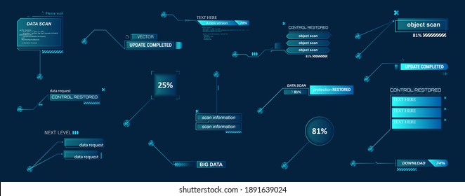 HUD boxes callouts titles. Digital futuristic infochart for visualization objects. Modern gradient callout bar labels, information, info boxes template. Vector set HUD, UI, UX, GUI. Vector collection