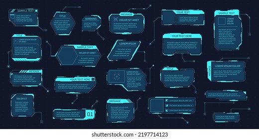 Hud callout boxes. Futuristic space display information layout, digital info frame element for text title, cyber call video screens high tech infographic garish vector illustration of space tech game