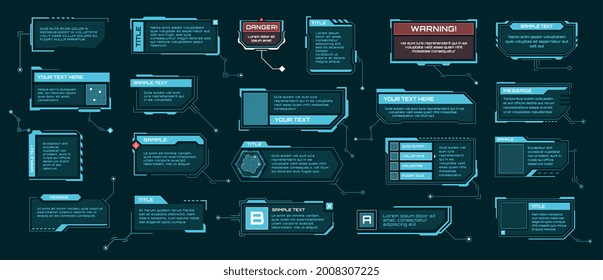 Hud tötete Titel. Futuristische Textfelder, digitale Kalorien-Barmarken. Sci-fi Infoframe Template, High-Tech Infografik Elemente Vektorset. Fenstervorlagen mit Informationen und Warnung