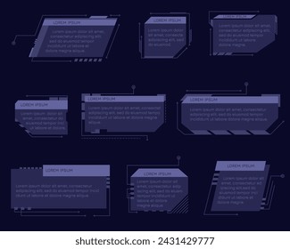 Hud llama títulos. Cuadros de texto futuristas, rótulos digitales y etiquetas de barra. Gráfico digital futurista para objetos de visualización. Elementos de interfaz HUD, UI, GUI.