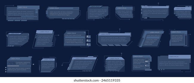 Hud callout titles. Futuristic text boxes, digital callouts bar labels. Digital futuristic infochart for visualization objects. Interface elements HUD, UI, GUI.