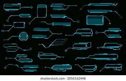 Títulos de llamadas HUD, barras de cuadros de llamadas de información y cuadros de información digital. Marcos vectoriales futuristas, visualización de datos y barras de información o marcos de luz de neón azul brillante, conjunto de elementos de diseño de interfaz gráfica