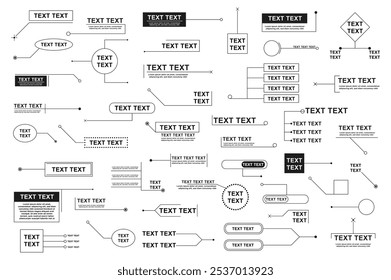 Hud callout titles mega set elements in flat graphic design. Collection objects of simple callout bar labels, different style of digital info boxes, frame text layouts with lines. Vector illustration.