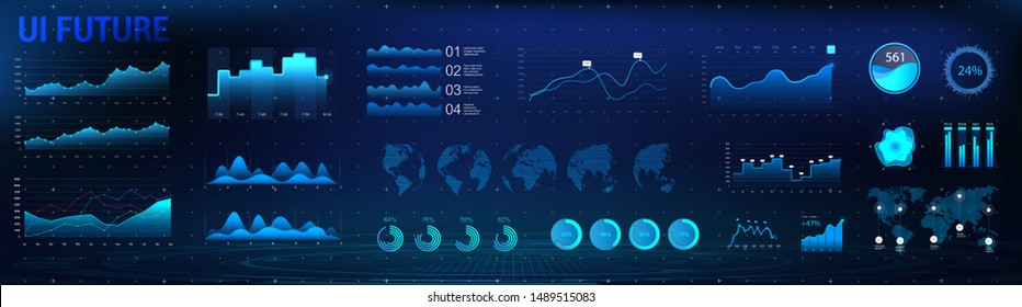 HUD charts and infographic interface UI, UX, KIT. Network management data screen with charts and diagrams. Modern interface with blue infographic, digital illustration. Vector modern web elements