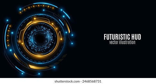 HUD circles with light effects. Futuristic dashboard. Cyber circuit board on a black background. GUI and UI design. Vector. EPS 10.