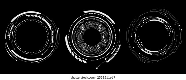 HUD circles set. Futuristic elements for sci-fi interface. Abstract technology. Digital hi-tech object for ui and gui design. Cyber frame. Vector illustration. EPS 10.