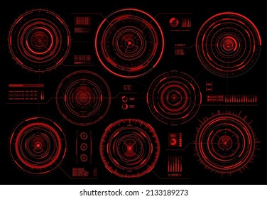 HUD circular interface screen red warning and danger panels. Sci Fi web interface elements, vector visual data diagrams or military radars, spaceship navigation system screens glowing red in darkness