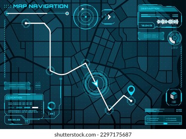 Hud Stadtplan Navigation Interface Bildschirm, Route. Straßenverkehrsweg, digitale Bildschirmvektorschnittstelle der Navigationsanwendung, futuristischer Kartenhintergrund auf der Stadtstraße oder Informationen zum Lieferziel