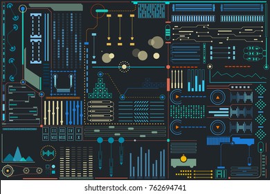 HUD Colorful Futuristic Elements Pattern Background Design Vector. Multi Paint Abstract UI Monitor Control Template Illustration