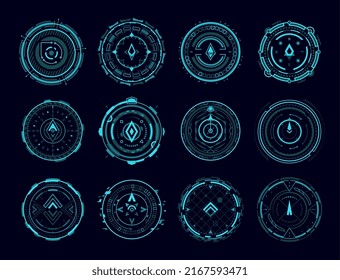 brújula HUD, elementos del panel de control de objetivo, radares de interfaz digital vectorial. tecnología HUD futurista o flechas de brújula de juego o posición de destino, navegación y gálibos de seguimiento del tablero de naves espaciales