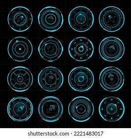 Hud compass or aim control target panel. Ui interface, navigation future interface screen, cyber target aim viewfinder or dashboard vector HUD frame. Sci-Fi radars, compass control panel displays set