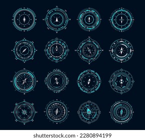 HUD compass, futuristic vector set of optical round aiming, sci-fi spaceship dashboard neon glowing elements. Aim control panel or navigation interface. Modern techno display, digital focus indication