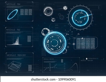 Hud for computer game design. Digital radar screen. Future technology display design. Futuristic interface element. Vector illustration. Radar screen icon. Hud technology innovation.