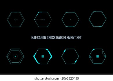 HUD Crosshair Hexagon Shape Futuritic Scifi Frame Element para Juego, UI, Vector Infográfico Set.