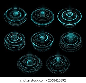 HUD cyberpunk futuristic circular virtual portals and teleport hologram, vector interface. HUD or cyber punk game time portals with light effects. Digital screen interface future Sci Fi technology