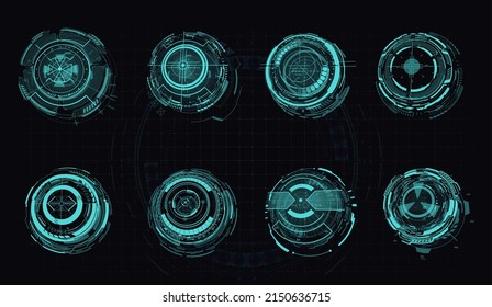 HUD cyberpunk futuristic circular virtual portals, teleport hologram. Set Circle abstract digital technology UI Futuristic. Circle geometric shape. Interface design elements or a virtual reality game