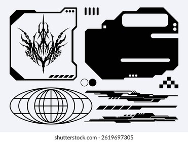HUD cyberpunk interface futurista linha quadro borda jogo tribal streetwear elementos coleção painel ciber sci-fi, ícone símbolo editável