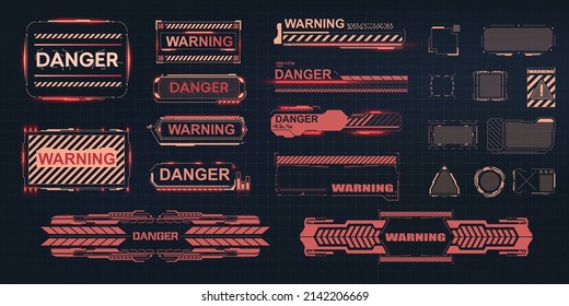 HUD danger and alert attention red interface signs.  High-tech and digital cyber frames warn of a warning on the screen. Warning frame. Abstract tech design. Hi-tech callout bar labels. Vector