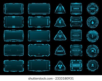 HUD danger and warning interface frames of futuristic cyber technology, vector UI. HUD danger alert and warning frames for game dashboard screen, caution or hazard danger message box hologram