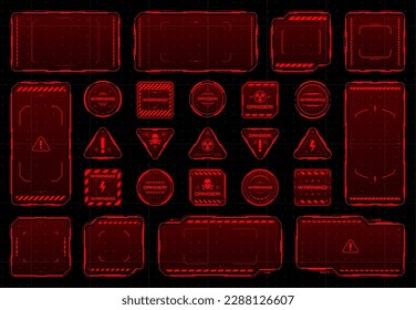 HUD danger and warning red interface frames, vector alert message boxes. HUD red frames and borders for warning attention, danger zone or damage error and attack for cyber UI virtual screen