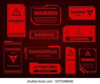 HUD danger zone, warning and alert attention red signs. Vector caution keep out, death hazard, do not enter futuristic ski fi UI interface. Modern technology style elements, pop up alarm screens