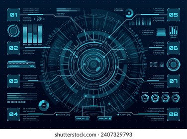 HUD-Datenbildschirm, digitale Dashboard-Oberfläche und virtuelle Infografiken, Vektorgrafik-Benutzeroberfläche. HUD-Technologie und zukünftige Spieldiagramme, digitale Dashboard-Steuerelemente und visuelle Infografiken der Info-Bar