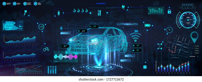 Hud diagnostic auto with hologram car. Futuristic User Interface with auto in polygonal style, wireframe in line. Auto service in HUD style. Information and infographic with ui. Vector illustration