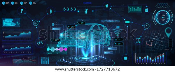 Hud diagnostic auto with hologram car.\
Futuristic User Interface with auto in polygonal style, wireframe\
in line. Auto service in HUD style. Information and infographic\
with ui. Vector\
illustration