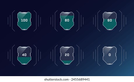 HUD digital futuristic style videogame user interface health shield progress set. Video game cyberspace player protect armor level sign and life indicator symbol. Energy infographic design eps element