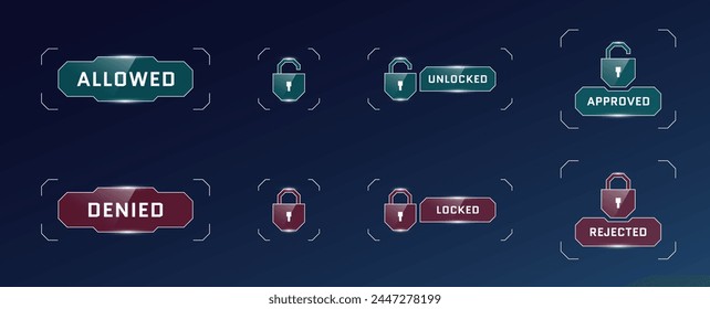 HUD digital futuristic user access allowed and denied button set. Account verification entry protect symbol. Videogame security interface. GUI FUI design vector eps element collection