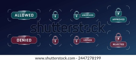 HUD digital futuristic user access allowed and denied button set. Account verification entry protect symbol. Videogame security interface. GUI FUI design vector eps element collection
