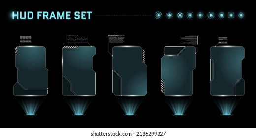 HUD Digital Futuristic User Interface Square Frame Set. Sci Fi High Tech Screens. Gaming Menu Touching Monitoring Hologram Dashboard Panels. Cyber Space Head-up Display Technology Information Signs