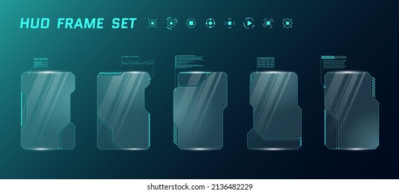 HUD digital futuristic user interface square frame set. Sci Fi high tech screens. Gaming menu touching monitoring dashboard panels. Cyber space head-up display technology information sign concept. Eps