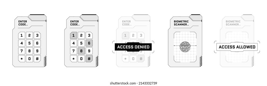 HUD digital futuristic user interface PIN code entry panel set. Sci Fi high tech protection screens. Gaming menu finger scan and number touching dashboard. Cyber space keypad and biometric id. Vector
