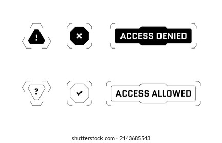 HUD digital futuristic user interface access allowed and denied button set. Question and exclamation mark sci fi high tech signs. Gaming menu security permit and denial infographic eps design elements