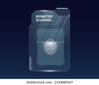 HUD digital futuristic user interface finger scan panel. Sci Fi high tech protection glowing screen. Gaming menu biometric id touching dashboard. Vector cyber space fingerprint scanning identification