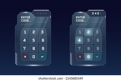 HUD digital futuristic user interface PIN code entry panel set. Sci Fi high tech protection glowing screen concept. Gaming menu number touching dashboard. Cyber space keypad vector eps illustration