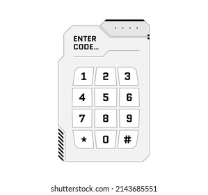HUD digital futuristic user interface PIN code entry panel. Sci Fi high tech protection black and white screen. Gaming menu number touching dashboard. Cyber space keypad vector eps illustration