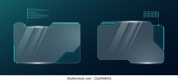 HUD digital futuristic user interface horizontal frame set. Sci Fi high tech screens. Gaming menu touching monitoring dashboard panels. Cyberpunk space head-up display technology information sign. Eps