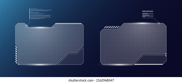 HUD digital futuristic user interface horizontal frame set. Sci Fi high tech screens. Gaming menu touching cyberpunk monitoring dashboard panels. Cyberspace head-up display information vector eps sign