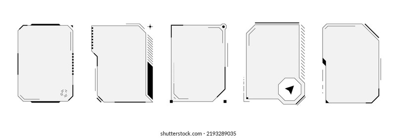 HUD digital futurista interfaz de usuario cuadrado marco vertical. Pantallas de alta tecnología de Sci Fi. Menú de juegos tocando paneles de control de cibervigilancia. Pantalla frontal FUI o vector de menú vacío GUI