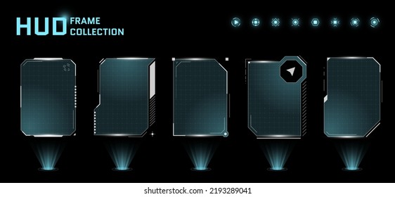 HUD digital futurista interfaz de usuario cuadrado conjunto de marcos. Pantallas de alta tecnología de Sci Fi. Paneles del tablero del holograma de supervisión táctil del menú de juego. Vector de información de interfaz gráfica de usuario o interfaz de usuario de pantalla de Cyber space head-up