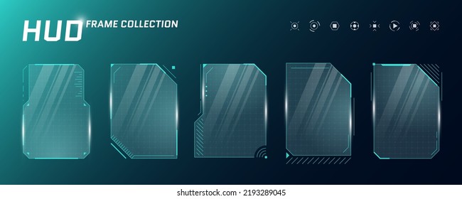 HUD digital futuristic user interface square vertical frame set. Sci Fi high tech screens. Game menu touch monitoring dashboard panels. Cyber space head-up display GUI or FUI information signs