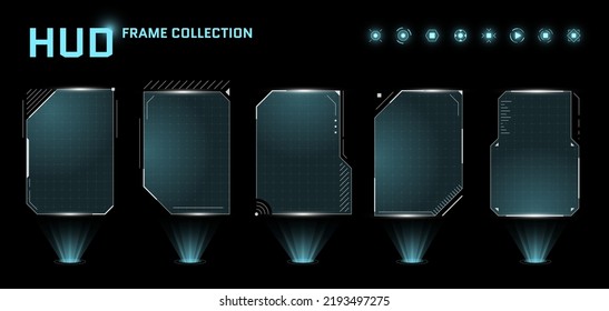HUD digital futuristic user interface square frame set. Sci Fi high tech screens. Game menu touch monitoring hologram dashboard panels. Cyber space head-up display GUI or FUI information signs
