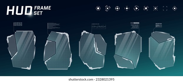HUD digital futuristic user interface frame set. Sci Fi high tech callout panels. UX UI gaming menu touching dashboard control screens. Cyber space head-up display FUI or GUI information vector signs