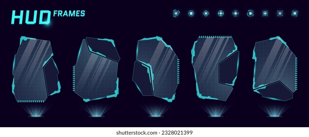 HUD digital futuristic user interface frames. Sci Fi high tech callout panel set. UX UI gaming menu touching dashboard control screens. Cyber space head-up display FUI or GUI information vector signs