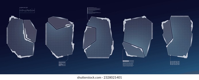 HUD digital futuristic user interface frame set. Sci Fi high tech callout screens. UX UI gaming menu touching dashboard control panels. Cyber space head-up display FUI or GUI information windows. Eps
