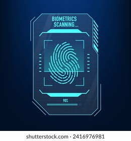 HUD digital futuristic user interface finger scan panel. Sci Fi high tech protection glowing screen. Id touching dashboard. Identity detection AI algorithms. Biometric Scanning. Vector illustration