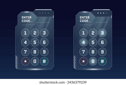 HUD digital futuristic user interface PIN code entry panel set. Sci Fi high tech protection glow screen GUI or FUI concept. Game menu authorization numeric password keypad. Unlock keyboard dashboard