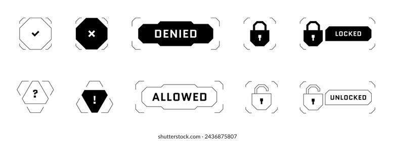 HUD digital futuristic user interface access allowed and denied sign. Question and exclamation mark button. Account verification entry protect symbol. Videogame security infographic design eps element